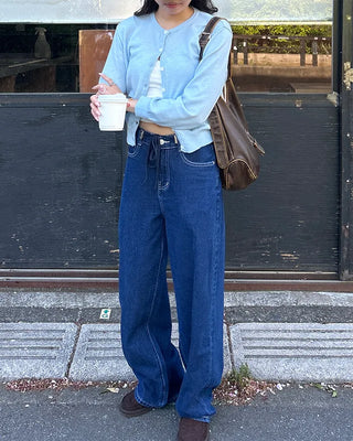 Straight denim pants with drawstring waist