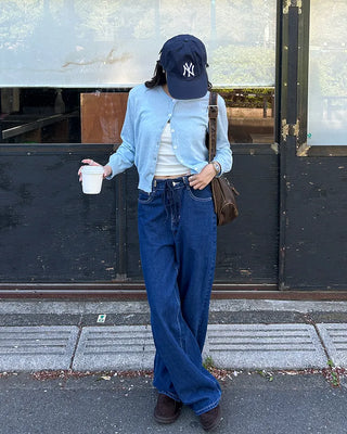Straight denim pants with drawstring waist