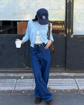 Straight denim pants with drawstring waist