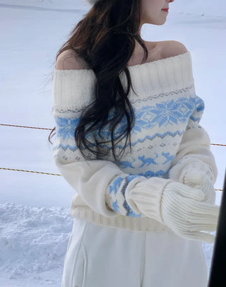 [2-way] Snowflake print off-shoulder knit