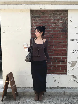Slit elastic waist long skirt