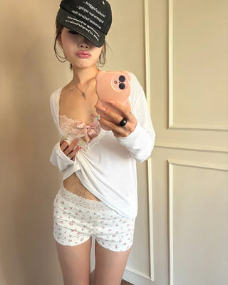 Wide Lace Waist Flower Rib Shorts
