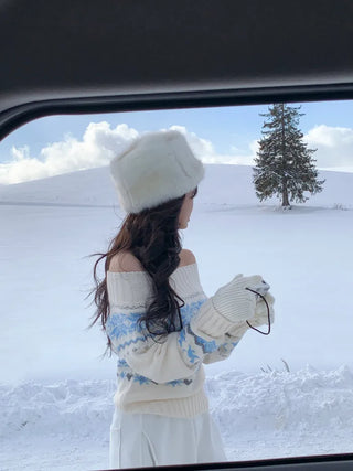 [2-way] Snowflake print off-shoulder knit