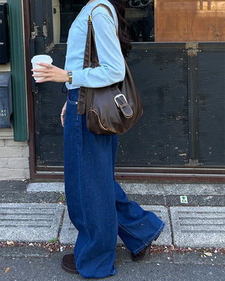 Straight denim pants with drawstring waist