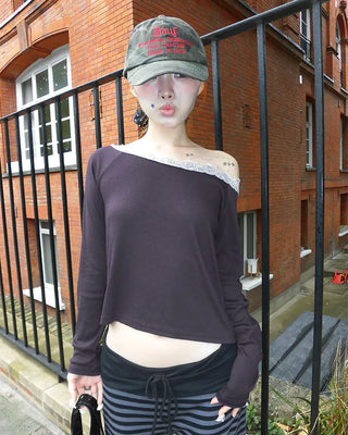 Scalloped Lace Off-Shoulder Neck Long T-Shirt