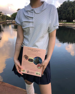 Round Collar Gathered Polo Neck Dot Puff T-Shirt