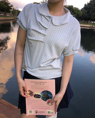 Round Collar Gathered Polo Neck Dot Puff T-Shirt