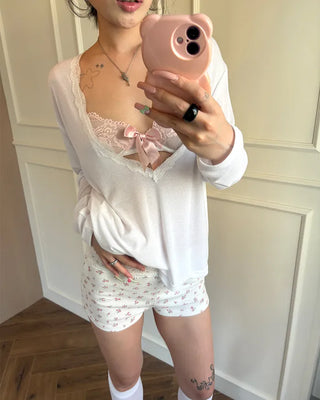 Lace Deep V-Neck Long Sleeve Cut and Sewn