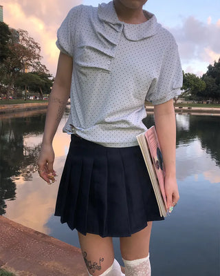 Round Collar Gathered Polo Neck Dot Puff T-Shirt