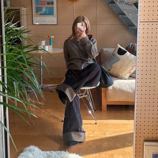 Low-rise denim roll-up wide-leg pants