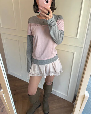 Lace off-shoulder layered long t-shirt