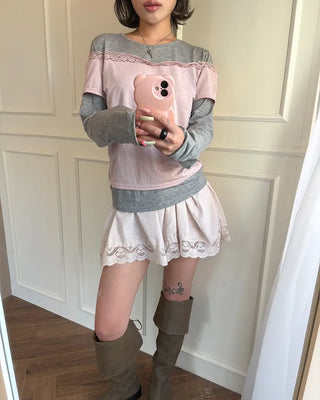 Lace off-shoulder layered long t-shirt