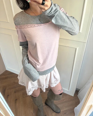 Lace off-shoulder layered long t-shirt