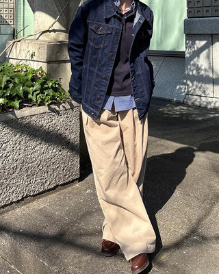 Double-pleated wide cotton pants