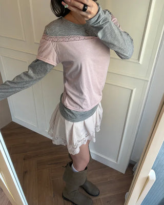 Lace off-shoulder layered long t-shirt