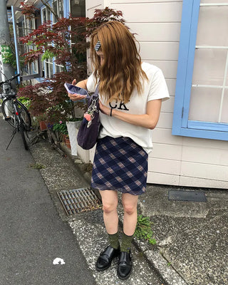 Checkered elastic waist mini skirt