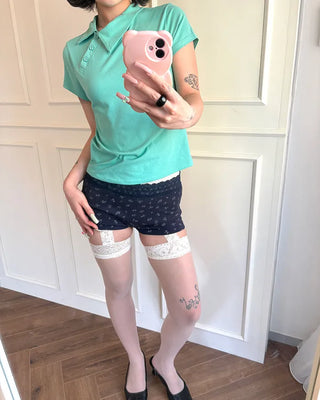 Wide Lace Waist Flower Rib Shorts