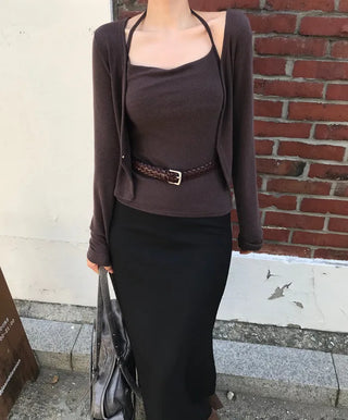 Slit elastic waist long skirt