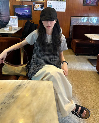 Checked Shirring Sleeveless Dress