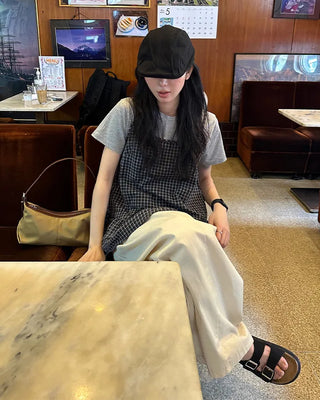 Checked Shirring Sleeveless Dress