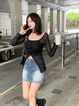 Long slit net cardigan (2 colors)