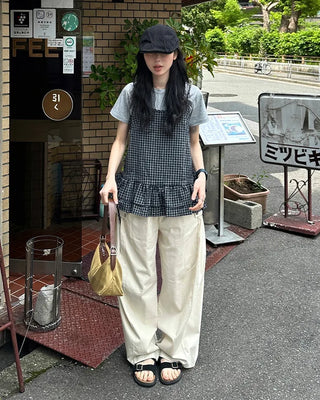 Checked Shirring Sleeveless Dress