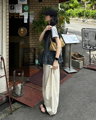 Checked Shirring Sleeveless Dress