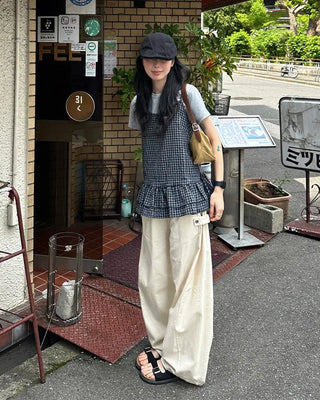Checked Shirring Sleeveless Dress