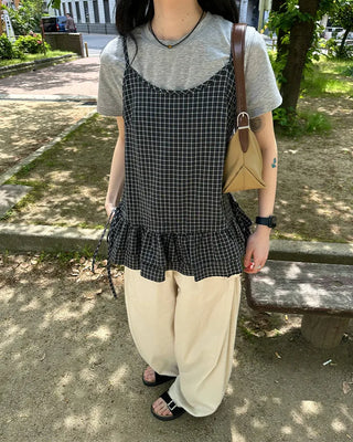 Checked Shirring Sleeveless Dress