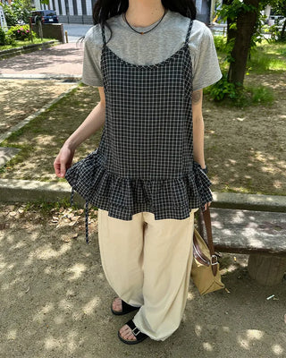Checked Shirring Sleeveless Dress