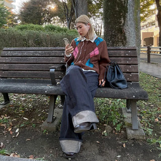 Low-rise denim roll-up wide-leg pants