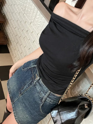Off-shoulder shirred slit T-shirt (4 colors)