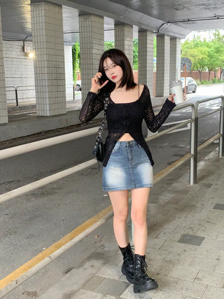 Long slit net cardigan (2 colors)