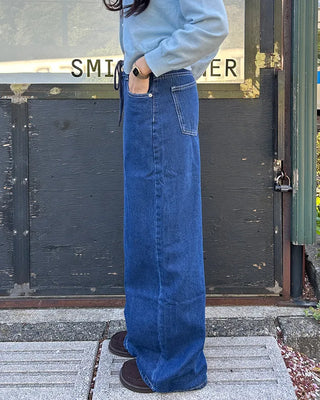 Straight denim pants with drawstring waist