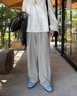 Striped wide-leg pants with elastic waistband