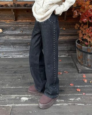Stud Point Wide Semi-Bootcut Denim Pants