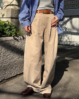 Double-pleated wide cotton pants