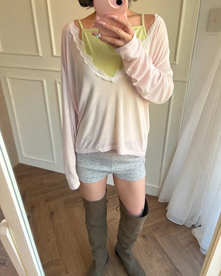 Wide Lace Waist Flower Rib Shorts
