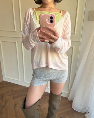 Wide Lace Waist Flower Rib Shorts