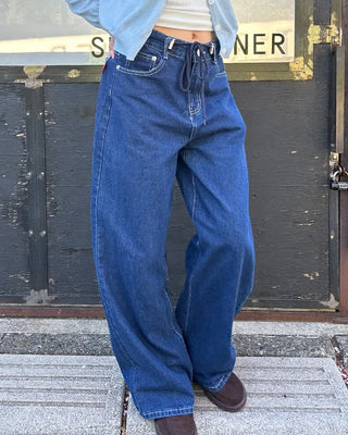 Straight denim pants with drawstring waist
