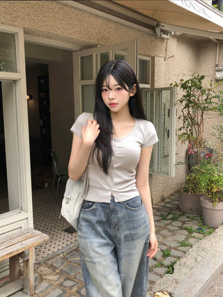 Slim ribbed short-sleeved cardigan (4 colors)