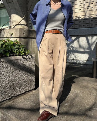 Double-pleated wide cotton pants