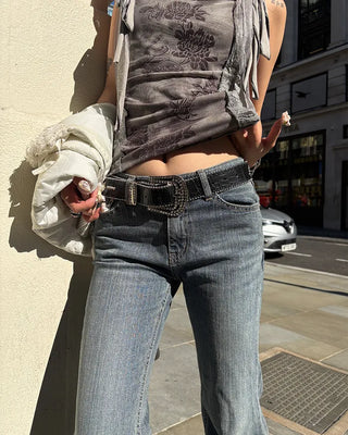 Star-studded cubic buckle crocodile belt