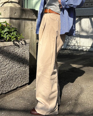 Double-pleated wide cotton pants