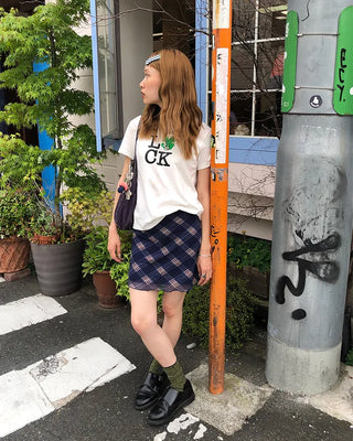 Checkered elastic waist mini skirt