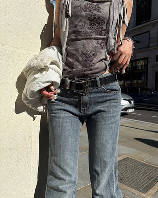 Star-studded cubic buckle crocodile belt