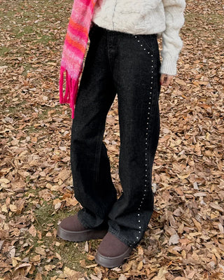 Stud Point Wide Semi-Bootcut Denim Pants