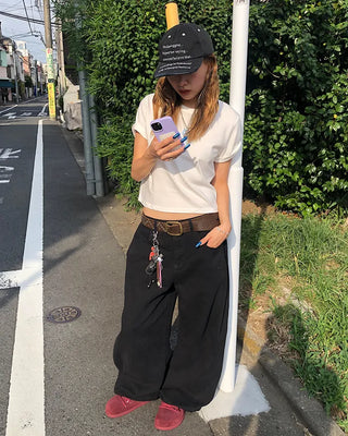 Patch button hem side outseam cotton pants