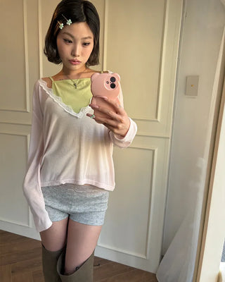 Wide Lace Waist Flower Rib Shorts