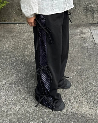 Dot Bicolor Ribbon Elastic Waist Pants